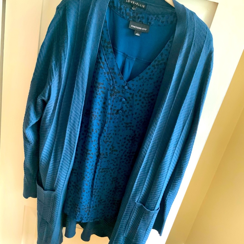Teal blue sweater and blouse set, New, Size 12